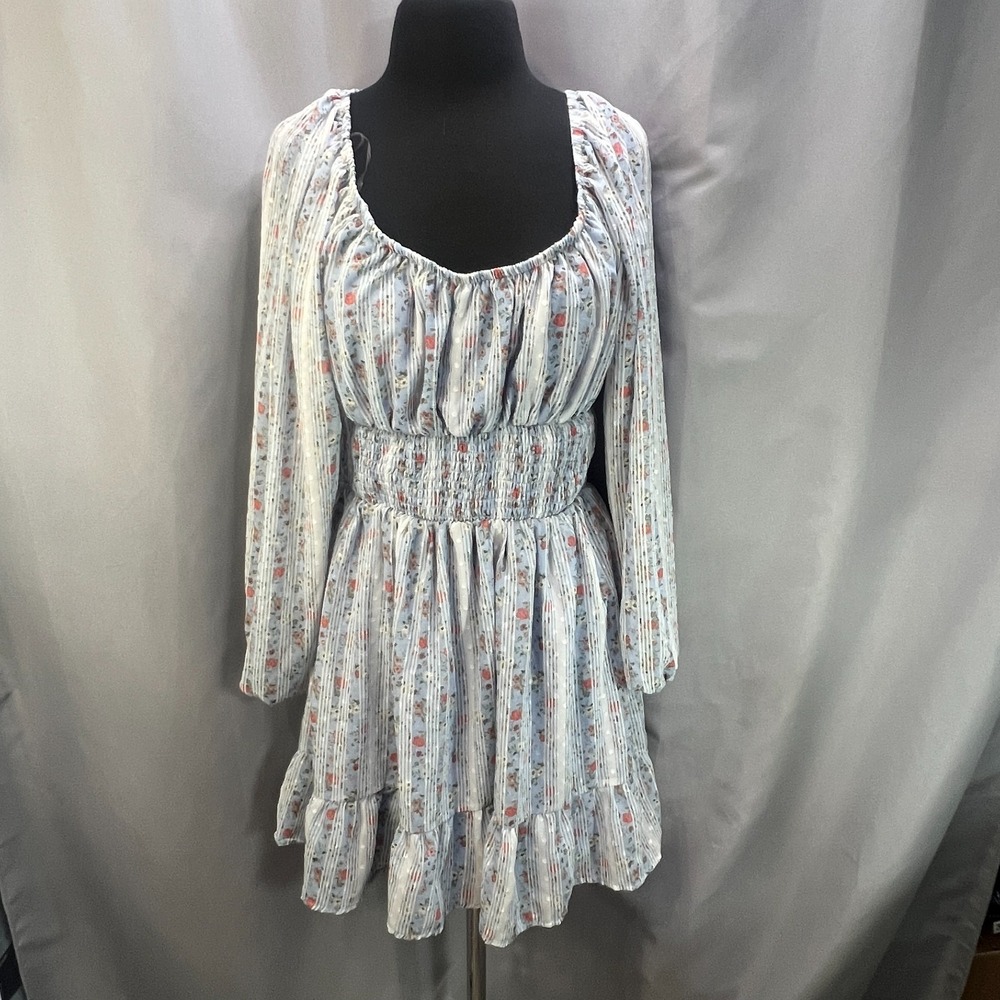 No Comment Boho Mini Dress Womens Large Blue Floral Smocked Waist Ruffle Hem
